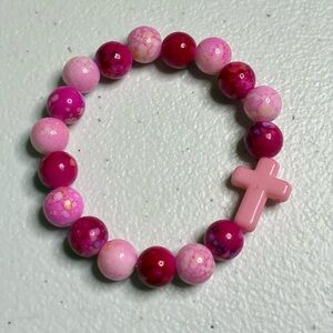 Pink Beaded Kids Bracelet with Cross Charm | Kids Christian Jewelry |